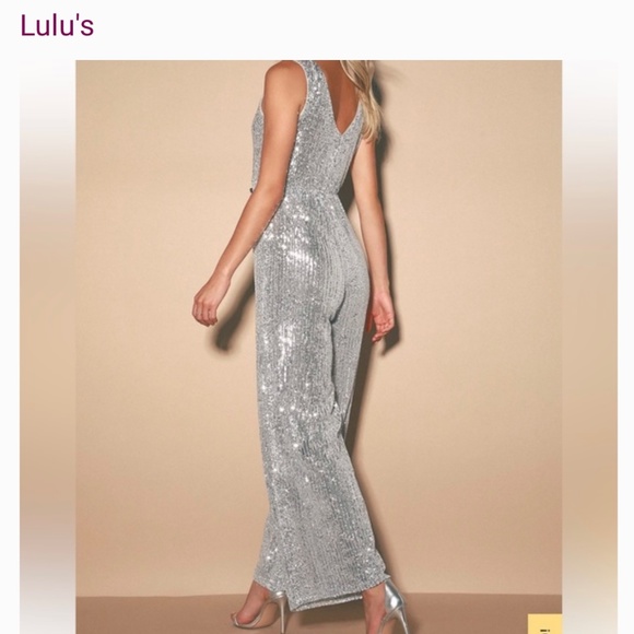 Lulu’s Silver Sequin Sleeveless Wide-Leg Jumpsuit - Picture 3 of 5